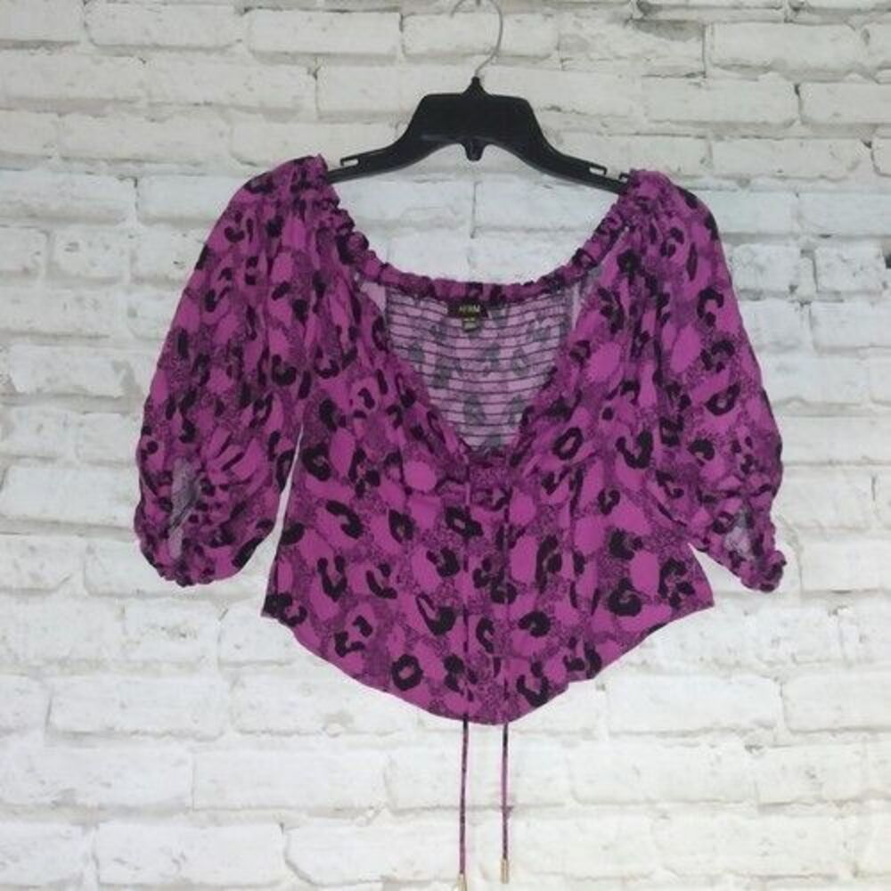 AFRM Top Womens XS Purple Animal Print Off the Shoulder Cropped Smocked Tie